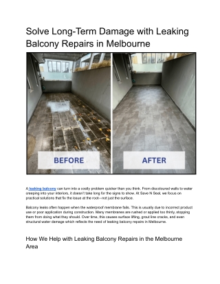 Solve Long-Term Damage with Leaking Balcony Repairs in Melbourne