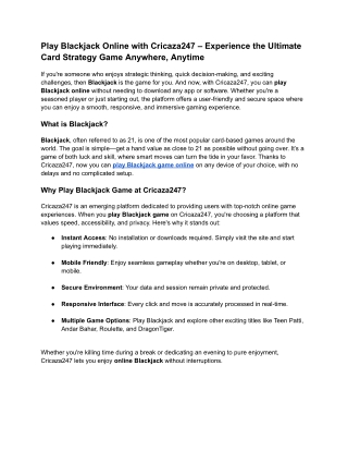 Play Blackjack Online Anytime with Cricaza247 – Smooth, Secure, and Strategic