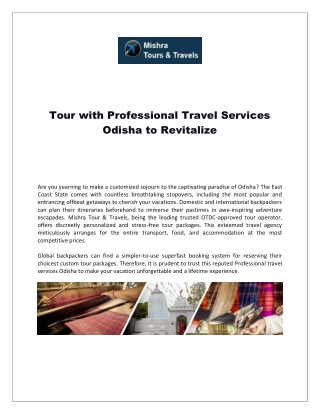 Tour with Professional Travel Services Odisha to Revitalize