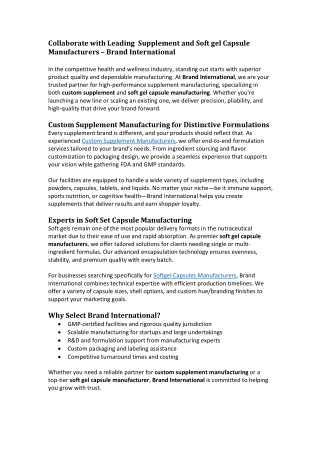 Collaborate with Leading  Supplement and Soft gel Capsule Manufacturers – Brand International