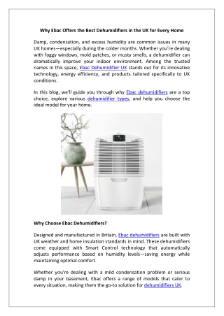 Why Ebac Offers the Best Dehumidifiers in the UK for Every Home..