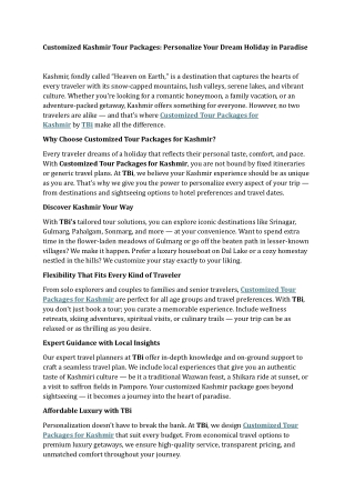 Customized Kashmir Tour Package Personalize Your Dream Holiday in Paradise