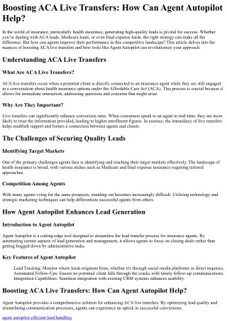 Boosting ACA Live Transfers How Can Agent Autopilot Help