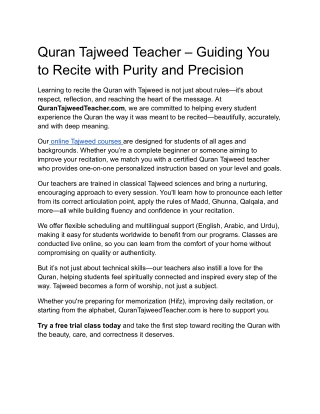 Quran Tajweed Teacher – Guiding You to Recite with Purity and Precision