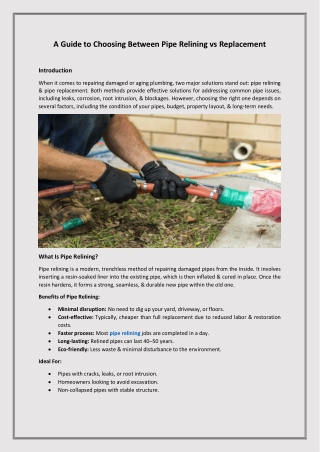 A Guide to Choosing Between Pipe Relining vs Replacement