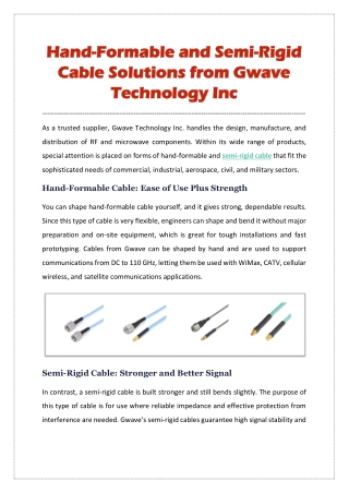 Hand-Formable and Semi-Rigid Cable Solutions from Gwave Technology Inc