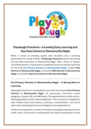 Playdough Preschool A Leading Early Learning and Day Care Centers in Ramamurthy Nagar