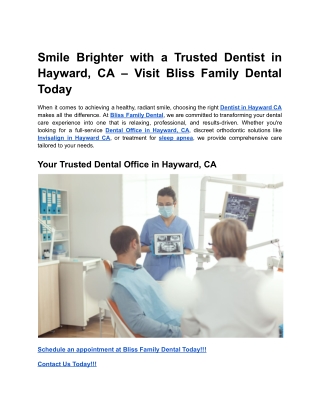 Smile Brighter with a Trusted Dentist in Hayward, CA – Visit Bliss Family Dental Today