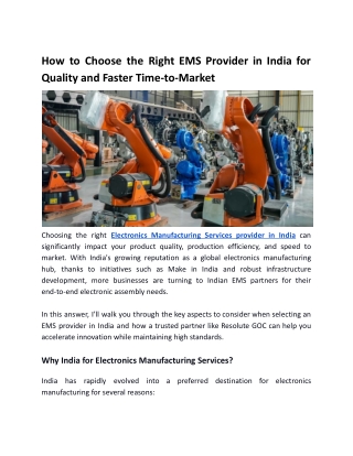 Choose the Right EMS Provider in India for Quality and Faster Time-to-Market