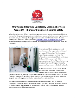 Unattended Death & Upholstery Cleaning Services Across UK – Biohazard Cleaners Restores Safety