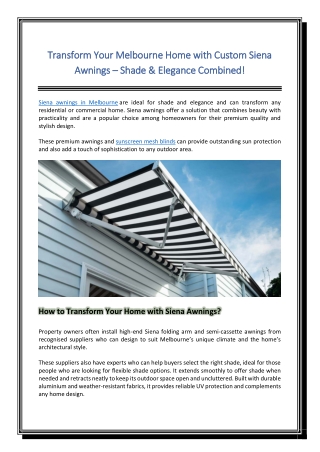 Transform Your Melbourne Home with Custom Siena Awnings – Shade & Elegance Combined