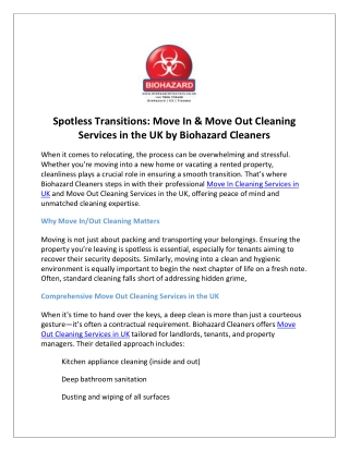 Spotless Transitions Move In & Move Out Cleaning Services in the UK by Biohazard Cleaners