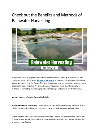 Check out the Benefits and Methods of Rainwater Harvesting
