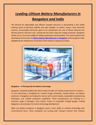 Leading Lithium Battery Manufacturers in Bangalore and India