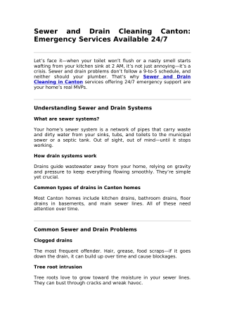 Sewer and Drain Cleaning Canton: Emergency Services Available 24/7