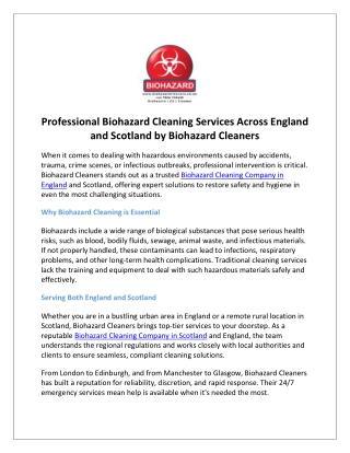 Professional Biohazard Cleaning Services Across England and Scotland by Biohazard Cleaners