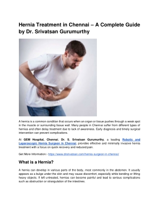 Hernia Treatment in Chennai – A Complete Guide by Dr. Srivatsan Gurumurthy