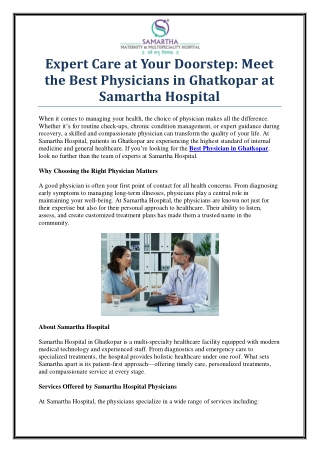 Trusted & Experienced – Best Physician in Ghatkopar | Samartha Hospital