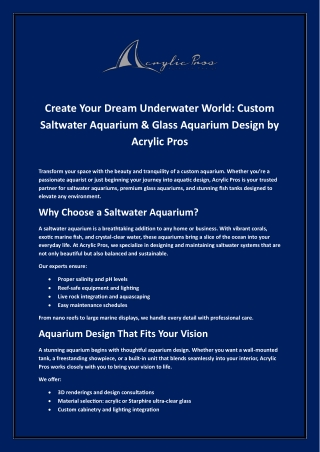 Designing Your Dream Aquarium: Saltwater Setups, Glass Tanks & Custom Builds