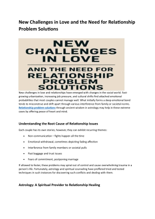 New Challenges in Love and the Need for Relationship Problem Solutions