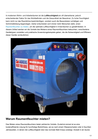 Raumentfeuchter mieten Optimale Luftfeuchtigkeit in Innenräumen