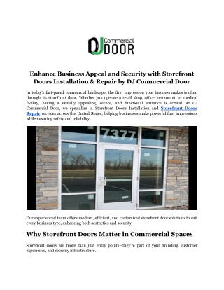 Enhance Business Appeal and Security with Storefront Doors Installation & Repair by DJ Commercial Door