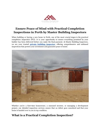 Ensure Peace of Mind with Practical Completion Inspections in Perth by Master Building Inspectors