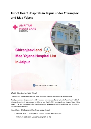 List of Heart Hospitals in Jaipur under Chiranjeevi and Maa Yojana