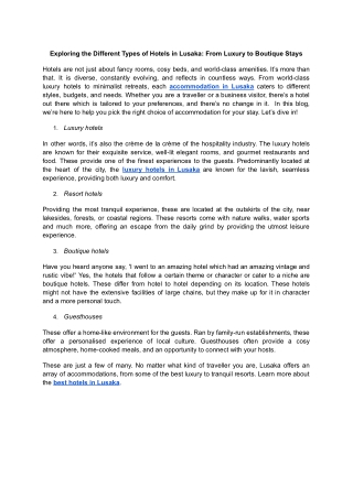 Exploring the Different Types of Hotels in Lusaka_ From Luxury to Boutique Stays