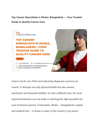 Top Cancer Specialists in Dhaka, Bangladesh — Your Trusted Guide to Quality Cancer Care