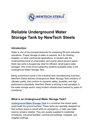 Reliable Underground Water Storage Tank by NewTech Steels (1)