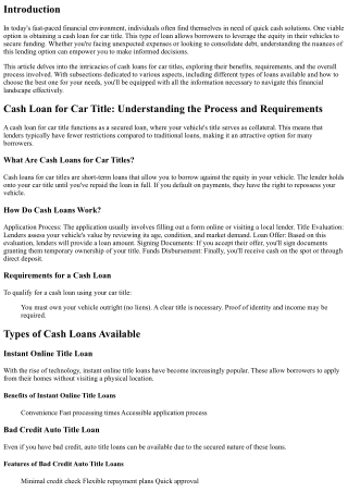Cash Loan for Car Title: Understanding the Process and Requirements