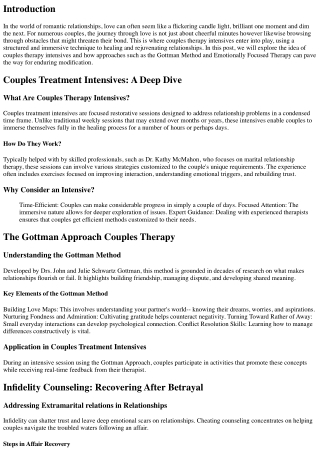 Reviving Love: Exploring Couples Treatment Intensives for Enduring Change