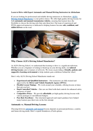 Automatic and  Manual Driving Instructors Altrincham  ALFA Driving School Manchester