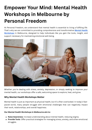 Empower Your Mind Mental Health Workshops in Melbourne by Personal Freedom