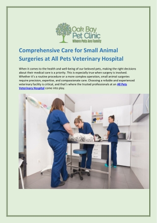 Comprehensive Care for Small Animal Surgeries at All Pets Veterinary Hospital