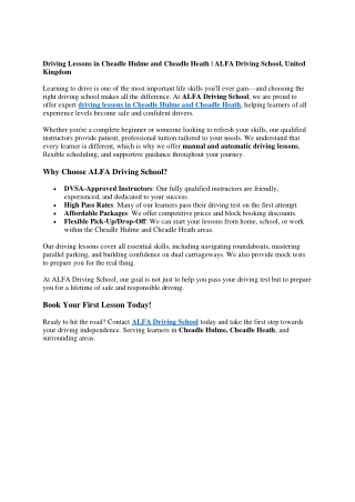 Driving Lessons in Cheadle Hulme and Cheadle Heath  ALFA Driving School, United Kingdom