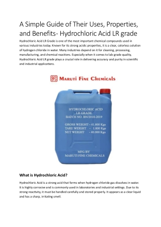 A Simple Guide of Their Uses, Properties, and Benefits - Hydrochloric Acid LR grade
