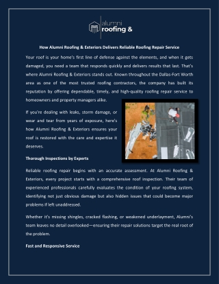 How Alumni Roofing & Exteriors Delivers Reliable Roofing Repair Service