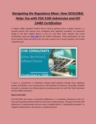 Navigating the Regulatory Maze: How I3CGLOBAL Helps You with FDA 510k Submission