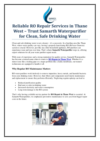 Affordable RO Repair in Thane West – Trusted by Many, Samarth Waterpurifier