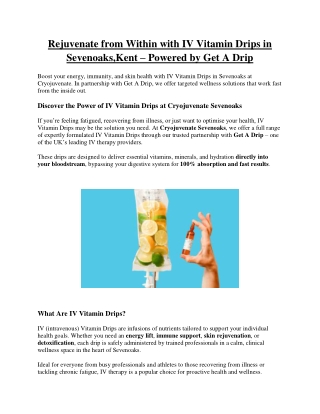 Rejuvenate from Within with IV Vitamin Drips in Sevenoaks