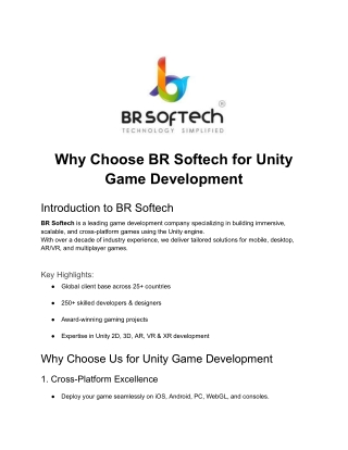 Why Choose BR Softech for Unity Game Development