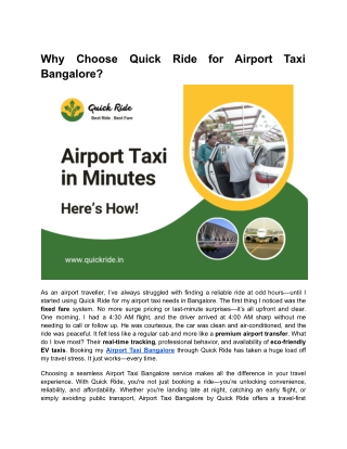 Why Choose Quick Ride for Airport Taxi Bangalore