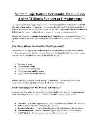 Vitamin Injections in Sevenoaks – Fast-Acting Wellness Support at Cryojuvenate