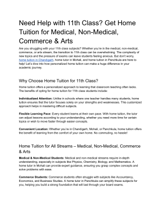 Need Help with 11th Class_ Get Home Tuition for Medical, Non-Medical, Commerce & Arts