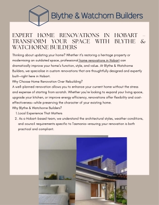 Expert Home Renovations in Hobart – Transform Your Space with Blythe & Watchorne