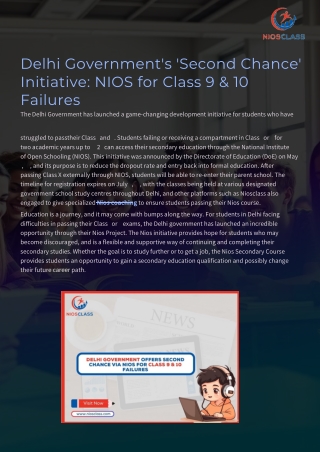 Delhi Governments Second Chance Initiative NIOS for Class 9 and 10 Failures