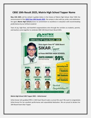 CBSE 10th Result 2025, Matrix High School Topper Name