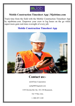 Mobile Construction Timesheet App Mjobtime.com